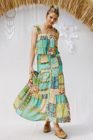 ST2182<br/>Printed Ruffle Top and Maxi Skirt Set